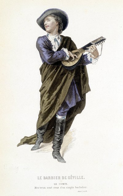Der Graf Almavira in „Le barbier de Seville“ in „Oeuvres complètes de Beaumarchais“, ed. Laplace Sanchez & cie, Paris von Emile Antoine Bayard