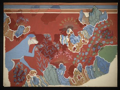 Gemälde des Blauen Affen in einer felsigen Landschaft Fresko aus dem Haus der Fresken in Knossos, ca. 1928 von Emile Gilliéron