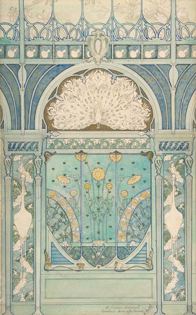 Entwurf für eine Wanddekoration mit Pfau, Kranichen und Sonnenblumen für das Restaurant..., 1896-98 von Emile Hurtré