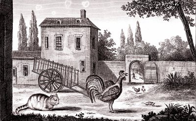 Der Hahn, die Katze und die Maus, Fabel von La Fontaine von Emile Joseph Alexandre Gouget