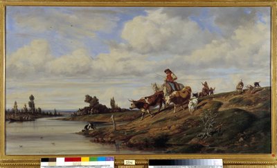 Der Flussübergang, eine Kuh überquert mit ihrer Herde einen Fluss von Emile Loubon