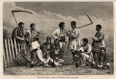 Die bulgarischen Erntearbeiter, während ihrer Pause, mit ihrer Sense und den Gegenständen ihrer täglichen Arbeit: Pfeife, Weinflasche und eine Art Dudelsack, Gravur nach der Zeichnung von E. Metzmacher, zur Illustration der Reise nach Bulgarien, von Guilla von Emile Pierre Metzmacher