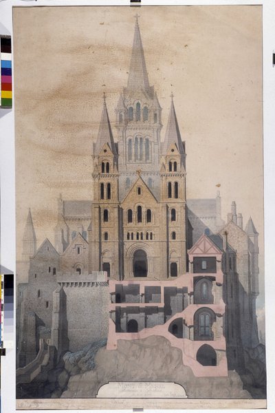 Gotische Architektur: Fassade der Kirche und Schnitt der Abteihäuser. Zeichnung des Stadtmuseums von Avranches (Manche) von Emile Sagot