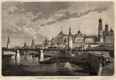 Gesamtansicht von Moskau, aufgenommen von der Moskowa, Zeichnung von Therond zur Illustration der Reise von Shanghai nach Moskau von 1859 bis 1862 von M. de Bourboulon, Minister von Frankreich in China. Gravur in „Le tour du monde“, herausgegeben von Edoua von Emile Theodore Therond