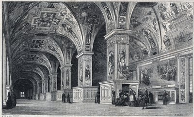 Innere Ansicht der Vatikanbibliothek im 18. Jahrhundert. Gravur von Therond nach einer Zeichnung von François Pannini von Emile Theodore Therond
