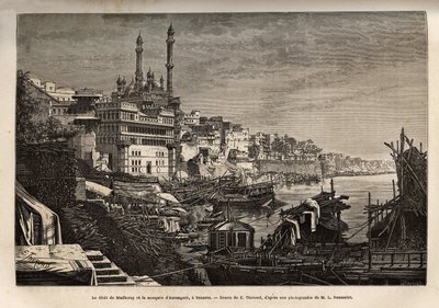 Madhorays Ghat (Stufen, die die Ufer eines Flusses bedecken und es ermöglichen, in Kontakt mit Wasser zu treten) und die Aurangzeb-Moschee in Benares, graviert nach der Zeichnung von E. Therond, zur Illustration der Reise nach Indien der Rajahs, von Louis  von Emile Theodore Therond