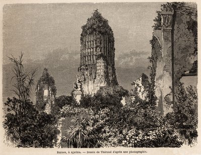 Die Ruinen in der Vegetation des Dschungels in Ajuthia (Thailand). Zeichnung von Therond zur Illustration der Reise durch die Königreiche Siam, Kambodscha und Laos von 1858 bis 1861 von Henri Mouhot. Gravur in „Le tour du monde“, herausgegeben von Edouard  von Emile Theodore Therond