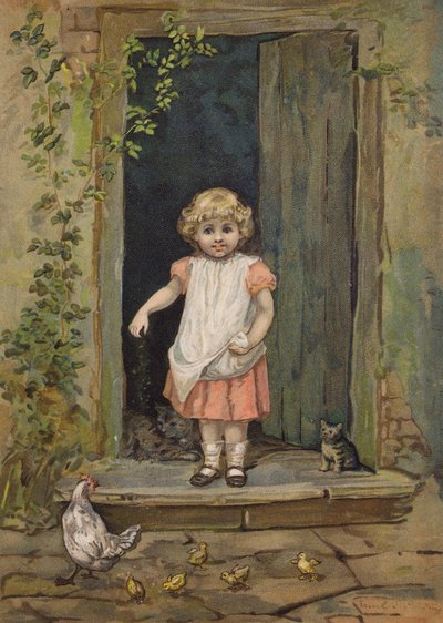 Kleines Mädchen füttert die Hühner von der Türschwelle ihres Hauses von Emily Jane Harding Andrews