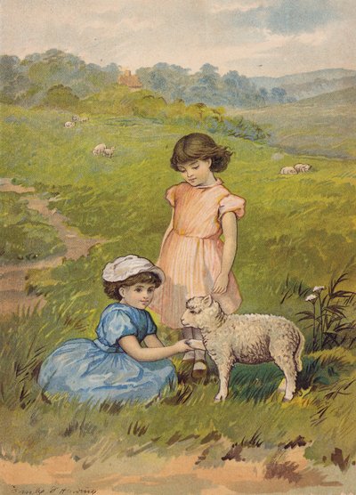 Zwei Mädchen streicheln ein Lamm (Chromolithografie) von Emily Jane Harding Andrews