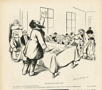 Illustration von Emmanuel Barcet in Le Rire, 09/05/08 - Kommunalwahlen - Wahlen, Politische Versammlung, Versammlung, Wahlversammlung, Kommunalwahlen von Emmanuel Barcet