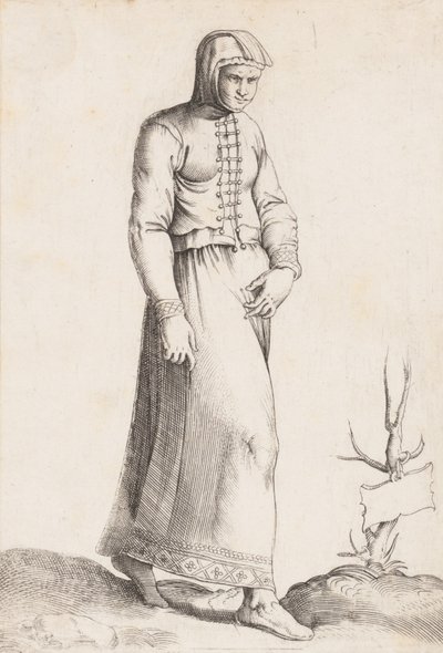 Kostümplatte: Frau mit Kapuzengewand, ca. 1557-58 von Enea Vico