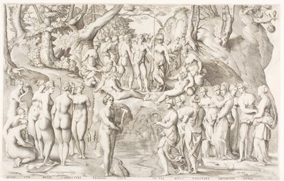 Der Streit zwischen den Musen und den Töchtern des Pierios auf dem Parnass von Enea Vico
