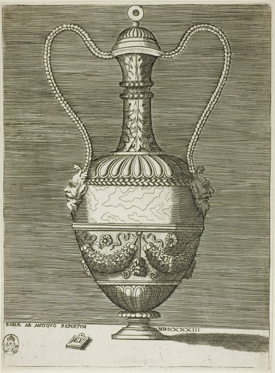 Vase mit zwei grotesken Masken, Tafel sechs aus einer Serie von Vasen nach dem Antiken von Enea Vico