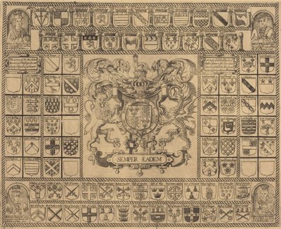 Wappen mit Eckporträts von Heinrich VII, Heinrich VIII, Edward VI und Maria von English 16th Century