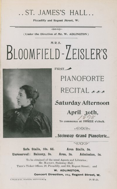 Werbung für ein Konzert von Fannie Bloomfield-Zeisler von English Photographer