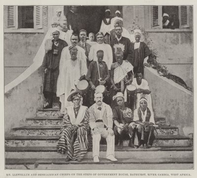 Mr. Llewellyn und Senegambische Häuptlinge auf den Stufen des Regierungshauses, Bathurst, Fluss Gambia, Westafrika von English Photographer