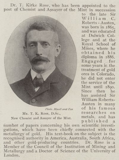 Herr T. K. Rose, DSc, neuer Chemiker und Prüfer der Münze von English Photographer