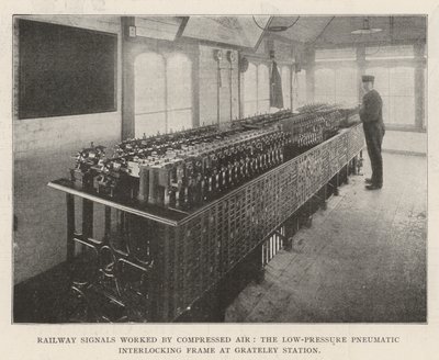 Eisenbahnsignale, die mit Druckluft betrieben werden, der Niederdruck-Pneumatik-Verschlussrahmen am Bahnhof Grateley von English Photographer