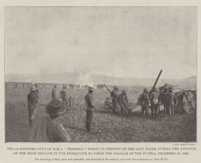 Die 12-Pfünder-Kanonen der HMS Terrible feuern zur Unterstützung der linken Flanke während des Vormarsches der Irish Brigade, um den Übergang des Tugela zu erzwingen, 15. Dezember 1899 von English Photographer