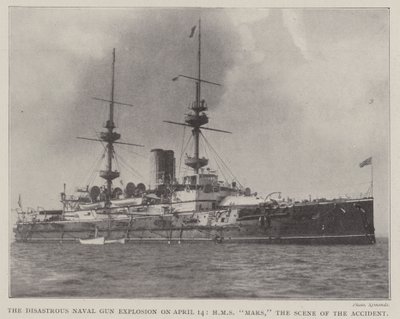 Die katastrophale Explosion eines Marinegeschützes am 14. April, HMS Mars, der Unfallort von English Photographer