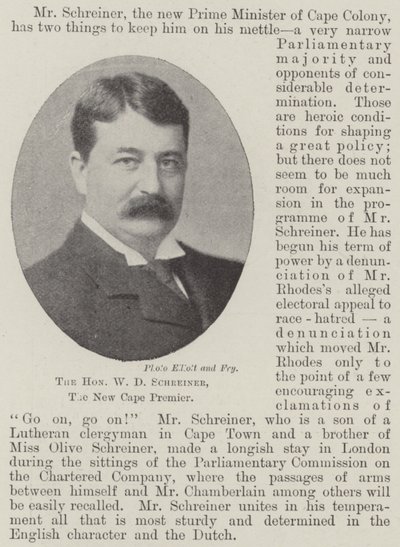 Der ehrenwerte W. D. Schreiner, der neue Premierminister des Kaps von English Photographer