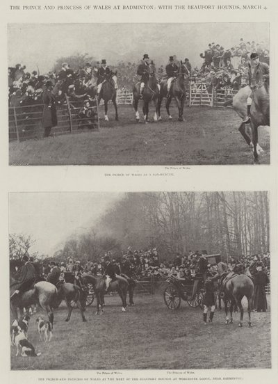 Der Prinz und die Prinzessin von Wales in Badminton, mit den Beaufort-Hunden, 4. März von English Photographer