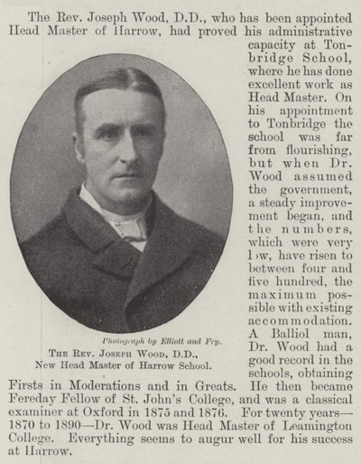 Der Reverend Joseph Wood, DD, neuer Schulleiter der Harrow School von English Photographer
