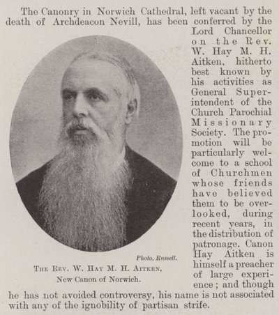 Der Reverend W Hay M H Aitken, neuer Kanonikus von Norwich von English Photographer