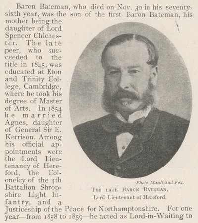 Der verstorbene Baron Bateman, Lord Lieutenant von Hereford von English Photographer