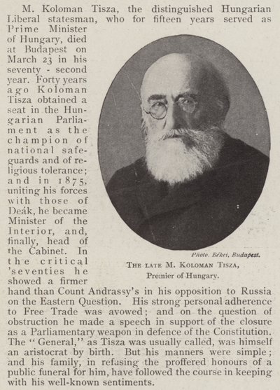 Der verstorbene M. Koloman Tisza, Premierminister von Ungarn von English Photographer