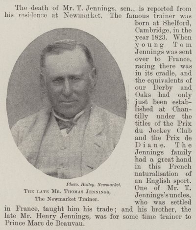 Der verstorbene Herr Thomas Jennings, der Newmarket-Trainer von English Photographer