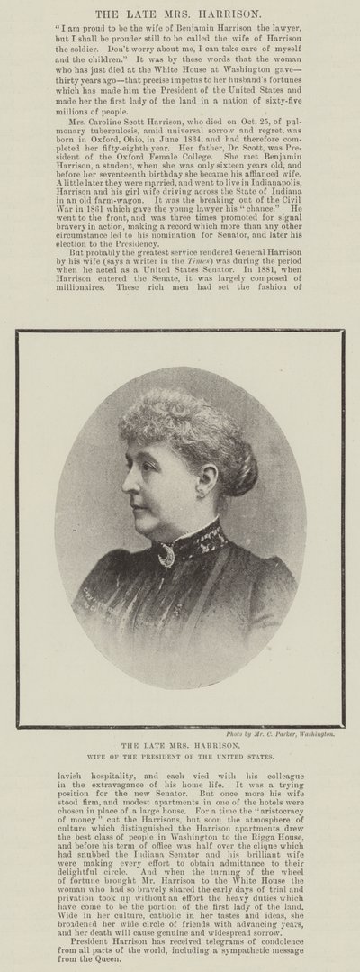 Die verstorbene Mrs. Harrison, Ehefrau des Präsidenten der Vereinigten Staaten von English Photographer