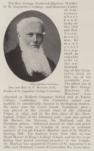Der verstorbene Reverend G. F. Maclear, DD, Warden des St. Augustine