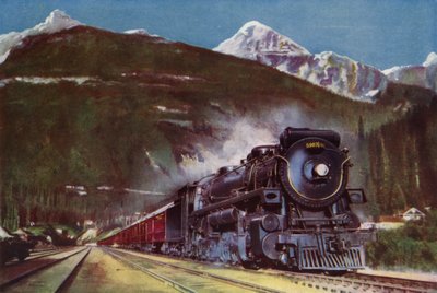 2-10-4 Dampflokomotive der Canadian Pacific Railway am Fuße der Rocky Mountains, Kanada von English School