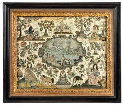 Ein Charles II Stickbild von Afrika und der Neuen Welt, ca. 1660-70 von English School