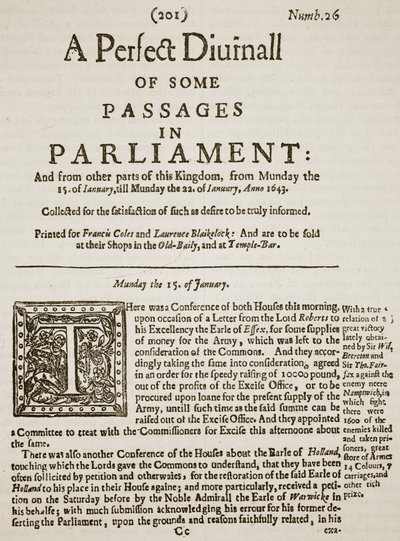 A Perfect Diurnall, Faksimile der Titelseite der Ausgabe 26, 1643, Illustration aus Cassells Illustrierter Geschichte Englands von English School