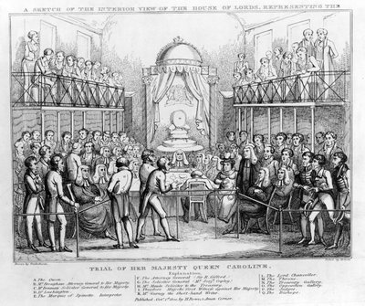Eine Skizze der Innenansicht des House of Lords, die den Prozess von Königin Caroline darstellt, veröffentlicht 1820 von English School
