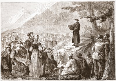 Ein Schweizer Reformator predigt seiner Herde im Freien, Illustration aus Die Geschichte des Protestantismus von James Aitken Wylie, veröffentlicht 1878 von English School