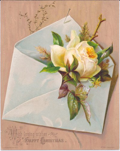 Eine viktorianische Weihnachtskarte, die einen Umschlag mit einer herausragenden Rose darstellt, ca. 1880 von English School