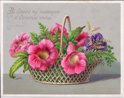 Viktorianische Weihnachtskarte mit Blumen in einem Weidenkorb, ca. 1880 von English School