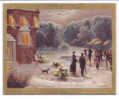 Eine viktorianische Weihnachtskarte mit Schlittschuhläufern mit Fackeln auf einem zugefrorenen See vor einem Herrenhaus mit Zuschauern und einem Hund, ca. 1880 von English School