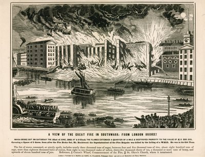 Ansicht des Großen Feuers in Southwark, von der London Bridge von English School