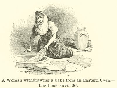 Eine Frau zieht einen Kuchen aus einem östlichen Ofen von English School