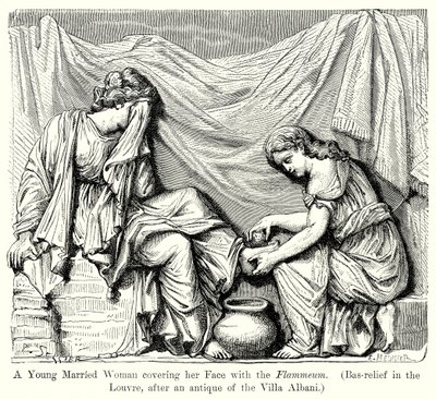 Eine junge verheiratete Frau bedeckt ihr Gesicht mit dem Flammeum (Basrelief im Louvre) von English School