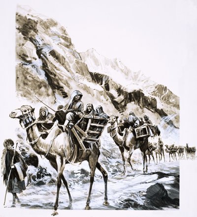 Eine Kamelkarawane reist durch den Khyber-Pass von English School
