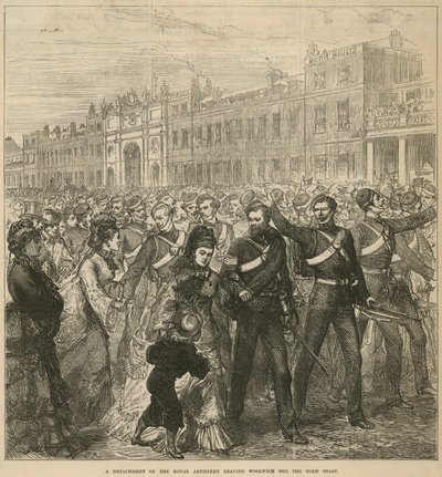 Ein Detachement der Royal Artillery verlässt Woolwich für die Goldküste von English School