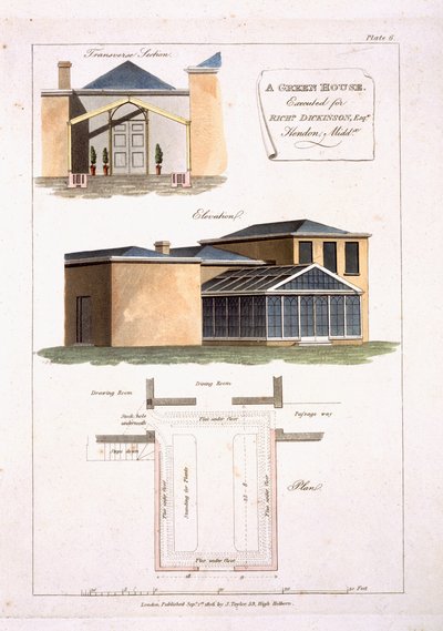 Ein Gewächshaus mit gotischen Details, angebaut an ein neoklassizistisches Haus für Richard Dickinson Esq in Hendon, Middlesex, 1806 von English School