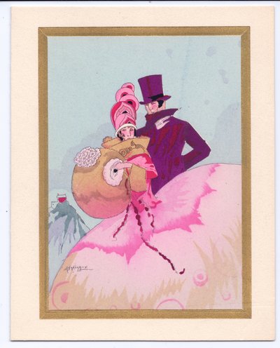 Handkolorierte französische Pochoir-Weihnachtskarte einer Regency-Dame mit Muff, begleitet von einem Herrn im Zylinder, um 1920 von English School