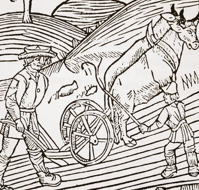 Ein Paar Ochsen vor einem Pflug, Titelseite aus John Fitzherberts Boke of Husbandry, erstmals veröffentlicht 1523 von English School