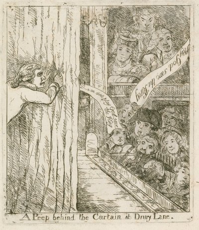 Ein Blick hinter den Vorhang im Drury Lane; Karikatur von English School